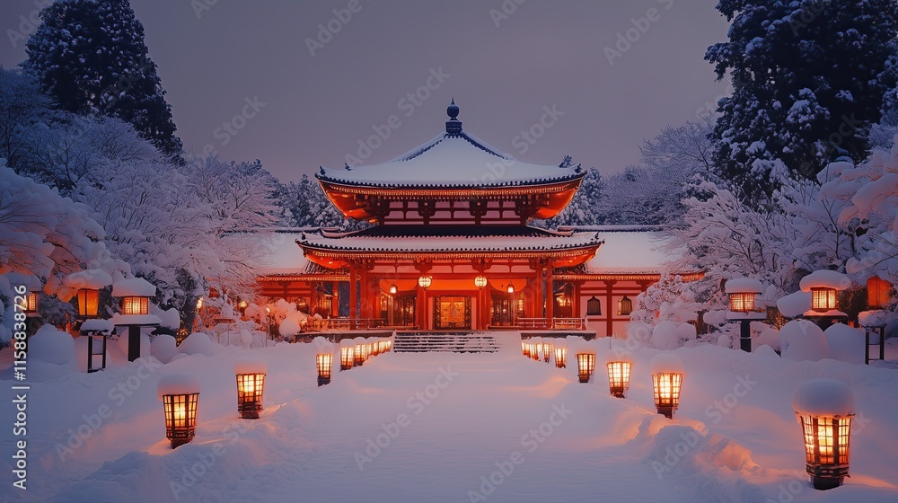 Obraz premium Snow Sculpture of a Traditional Japanese Temple Illuminated by Lanterns Japanese Cultural Snow Sculptures Illuminated Winter Temple Displays Traditional Architecture Snow Art