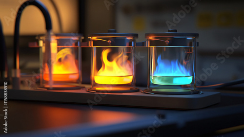 An animated video still showing a Bunsen burner being adjusted to produce different flame colors for various reactions.
