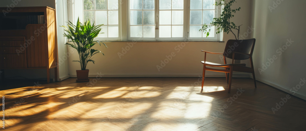 Fototapeta premium Minimalist Scandinavian interior with natural light and plant accents in a spacious room