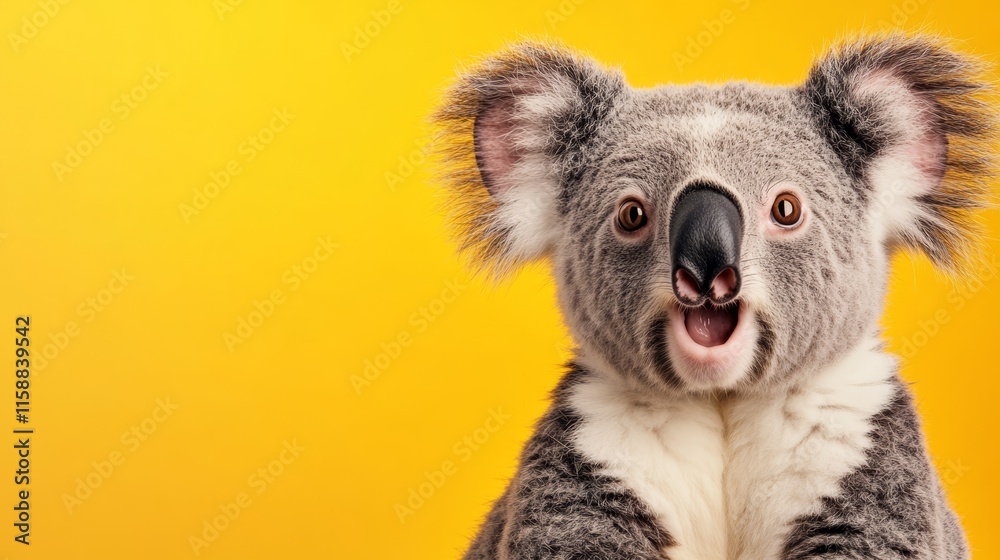 Naklejka premium Cute Koala with Surprised Expression against Vibrant Yellow Background, Adorable Animal Portrait, Bright Colorful Image