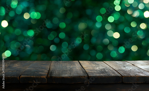 Wooden tabletop with blurred green bokeh background creates a festive atmosphere for celebrations. St. Patrick's Day backdrop. photo