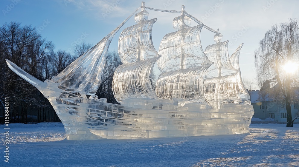 Majestic Ice Ship with Transparent Sails at Sunset Nautical Ice Sculpture Displays Maritime-Inspired Frozen Art Transparent Ice Ship Creations Majestic Ice Ship with Transparent Sails at Sunset Nautical Ice Sculpture Displays Maritime-Inspired Frozen Art Transparent Ice Ship Creations