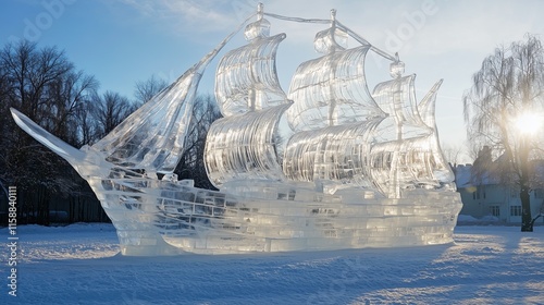 Majestic Ice Ship with Transparent Sails at Sunset Nautical Ice Sculpture Displays Maritime-Inspired Frozen Art Transparent Ice Ship Creations