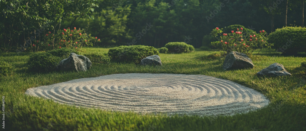 Serene Zen garden with raked sand patterns and lush green surroundings Serene Zen garden with raked sand patterns and lush green surroundings