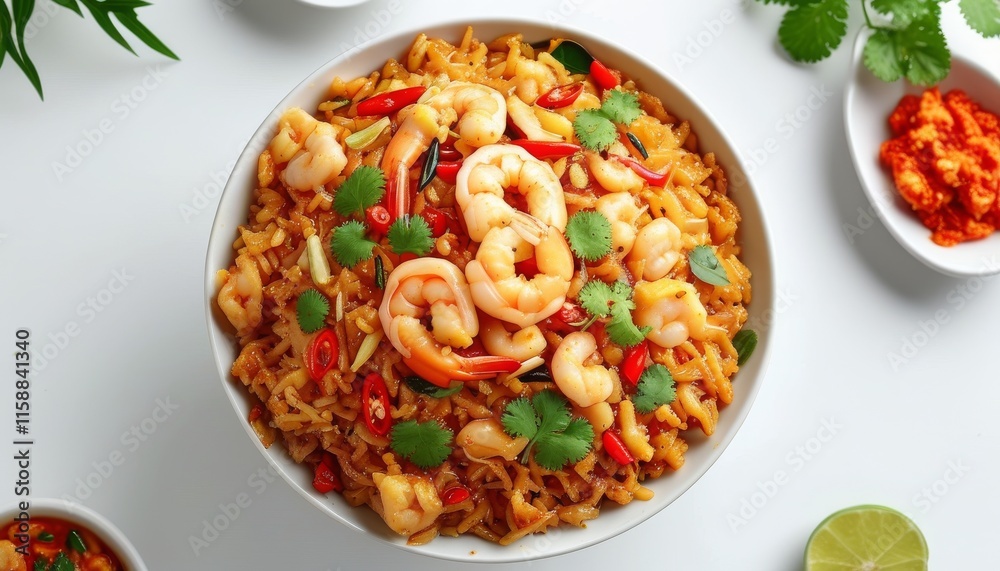 Delicious Khao Kluk Kapi with Shrimp and Colorful Ingredients on a White Plate Delicious Khao Kluk Kapi with Shrimp and Colorful Ingredients on a White Plate