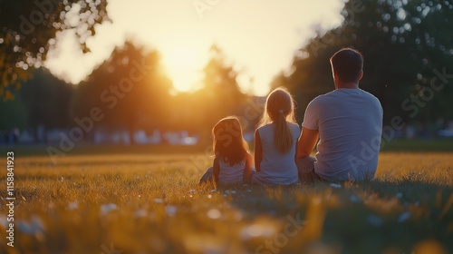 A father sits with his two daughters on the grass, enjoying a warm evening light as the sun sets in the background