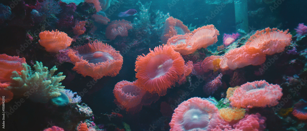Naklejka premium Vibrant coral reef teeming with colorful marine life in crystal-clear waters
