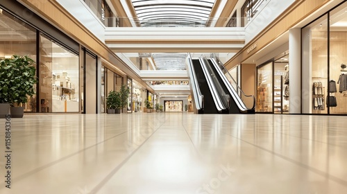 A modern shopping mall interior featuring escalators, bright lighting, and large storefronts, creating a spacious and inviting atmosphere.