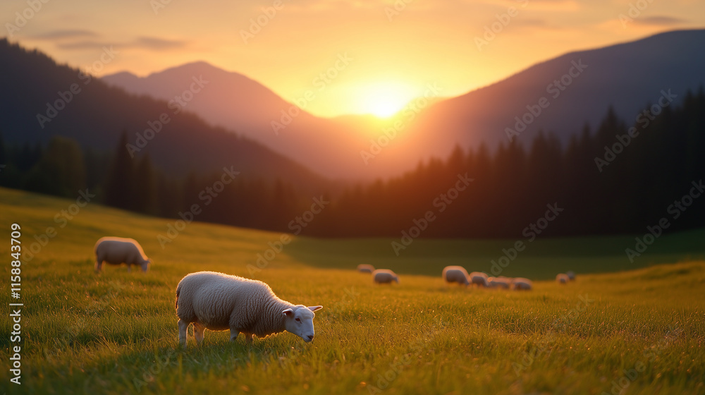 serene sunset over lush green field with grazing sheep, creating peaceful rural scene. serene sunset over lush green field with grazing sheep, creating peaceful rural scene.