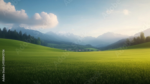 Fototapeta Naklejka Na Ścianę i Meble -  serene landscape featuring lush green fields and majestic mountains in background, evoking sense of tranquility and natural beauty.