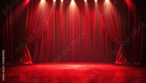 A red stage curtain illuminated by lights, ready for a performance.