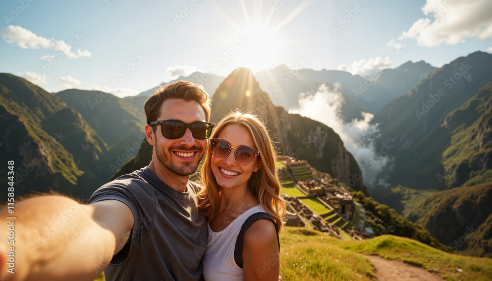Smiling couple taking selfie at Machu Picchu Smiling couple taking selfie at Machu Picchu