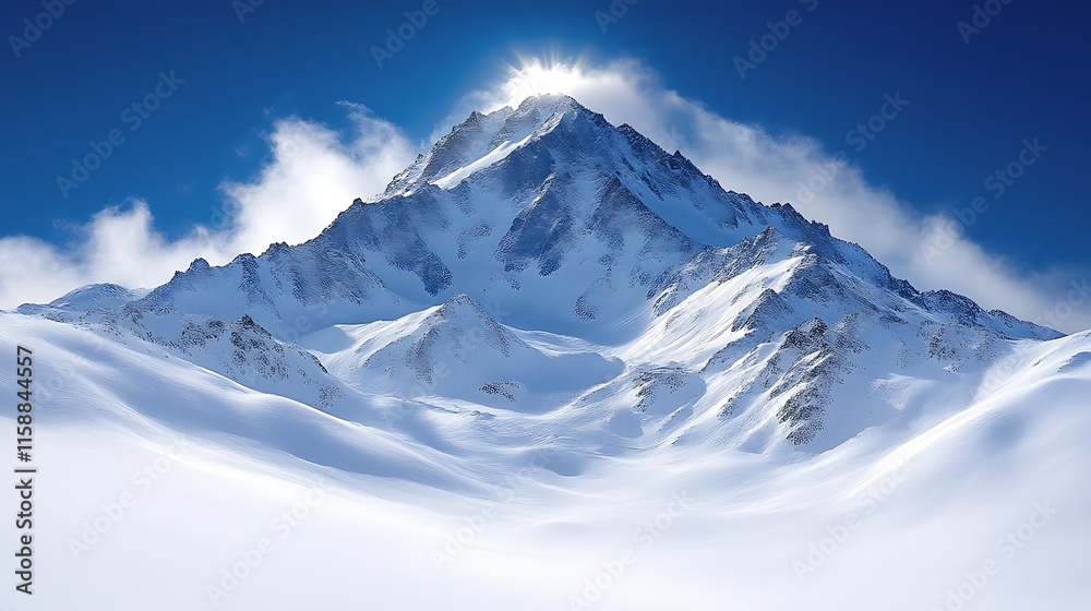 Majestic snow-capped mountain peak at sunrise.