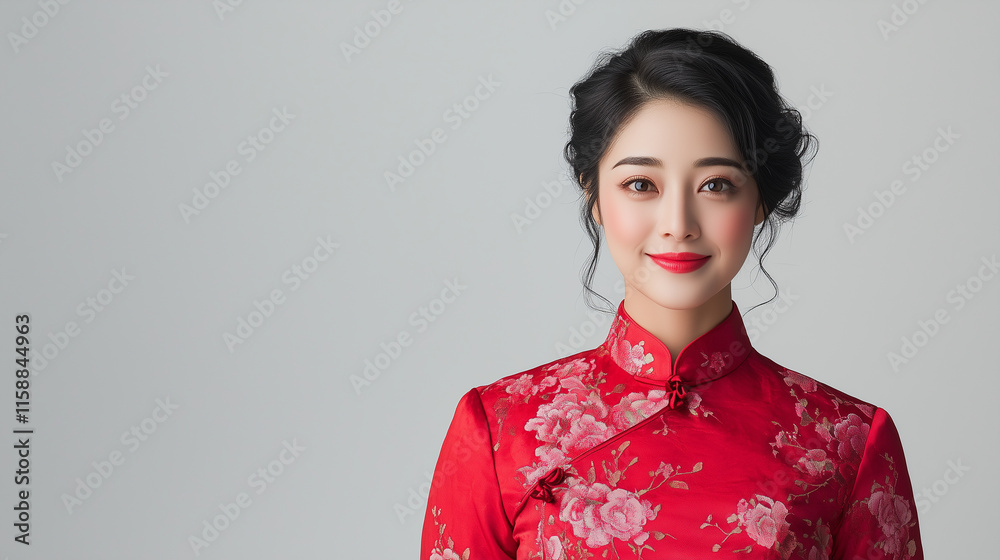 Elegant Chinese woman in red floral dress, showcasing beauty and grace. Elegant Chinese woman in red floral dress, showcasing beauty and grace.