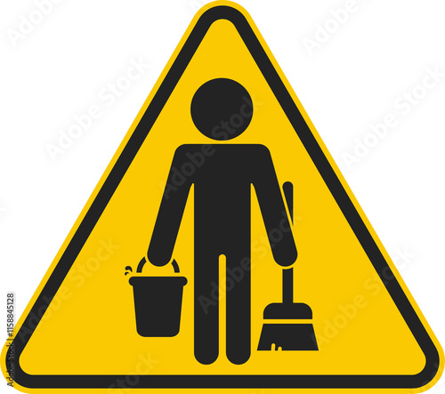 Isolated pictogram label sign, janitor holding mop and water bucket, symbolizing cleaning in progress, slippery floor, caution for safety
