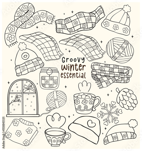 Cute Groovy Retro Winter things essential stuff Outline Hand Drawn Doodle Clipart set
