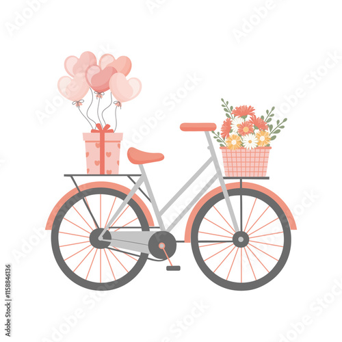 Bicycle with basket of flowers and gift box with balloons. Romantic illustration for Valentine's Day, birthday.