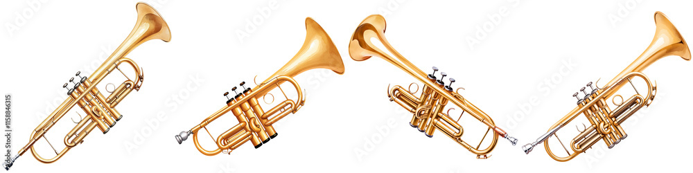 Obraz premium 2024 Grammy Concept, Four brass trumpets arranged in a sequence, showcasing their shiny finish and distinct bell shapes.