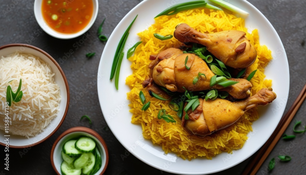 Authentic Khao Mok Gai Thai Chicken Dish with Fragrant Yellow Rice and Side Condiments Authentic Khao Mok Gai Thai Chicken Dish with Fragrant Yellow Rice and Side Condiments