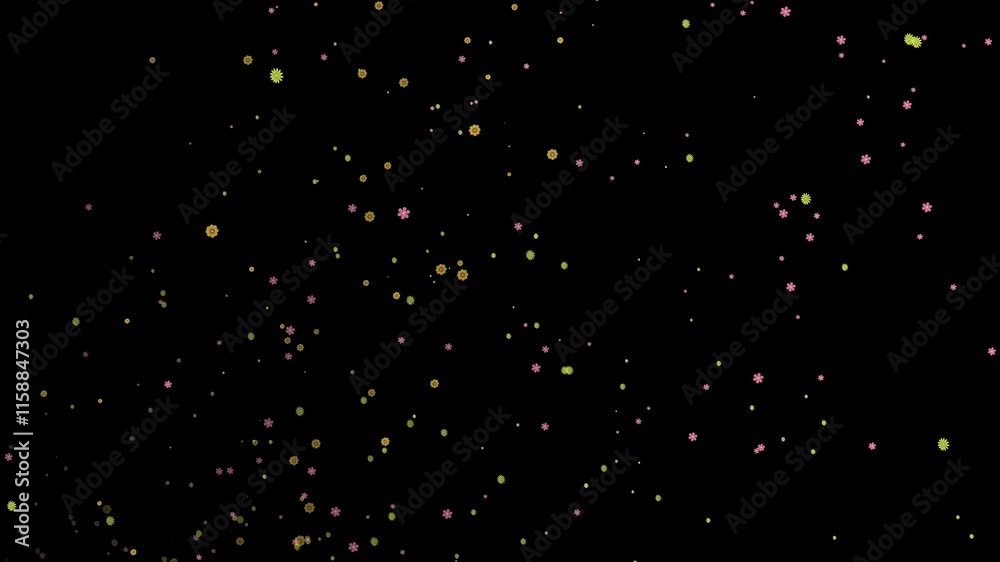 Colorful flowers float gently on a black background, creating an elegant and soothing atmosphere with a hint of spring-like lightness
