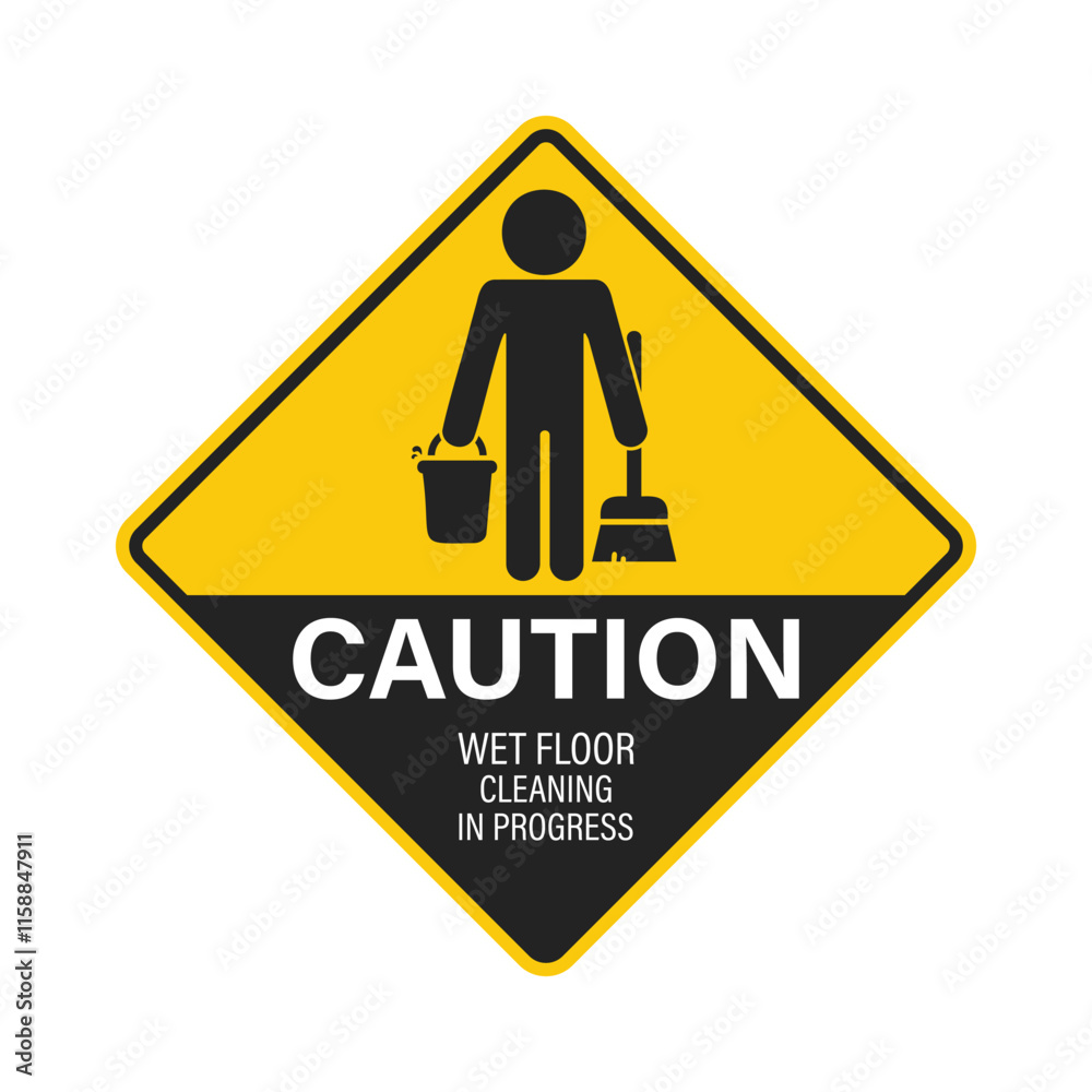 Isolated pictogram label sign, janitor holding mop and water bucket, symbolizing cleaning in progress, slippery floor, caution for safety Isolated pictogram label sign, janitor holding mop and water bucket, symbolizing cleaning in progress, slippery floor, caution for safety