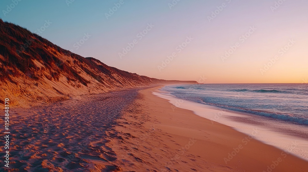 Sunset over a secluded sandy beach with gentle waves and coastal cliffs. Sunset over a secluded sandy beach with gentle waves and coastal cliffs.