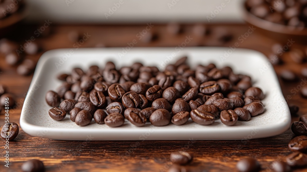 Fototapeta premium Scattered roasted coffee beans create an inviting display on a ceramic plate