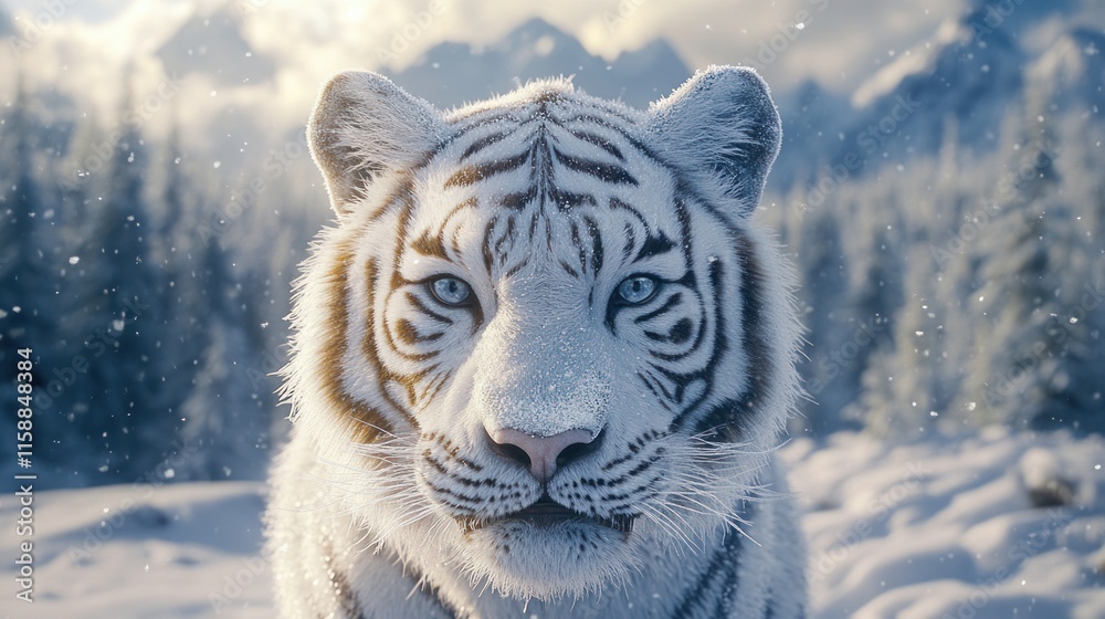Fototapeta premium A front-facing close-up of a white tiger, its nose and fur frosted with ice crystals, with a snowy forest and distant mountains softly blurred in the background.