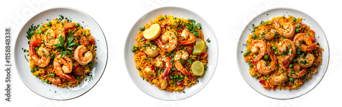 A collection of perfectly plated paella dishes featuring artistically arranged plump shrimp and vibrant green herbs, isolated on a white or transparent background. photo