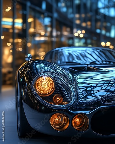 Sleek black classic car in showroom.