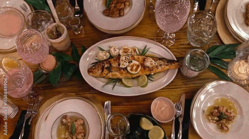 Steamed Seabass with Spicy Chili and Lemon Sauce.Top view Steamed Seabass with Spicy Chili and Lemon Sauce.Top view