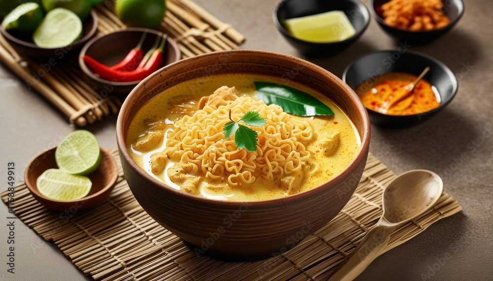 Authentic Northern Thai Curry Khao Soi with Noodles and Fresh Ingredients on Wooden Table Authentic Northern Thai Curry Khao Soi with Noodles and Fresh Ingredients on Wooden Table