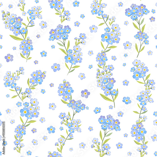 Vector illustration. Seamless floral patterns in blue tones, forget-me-not flowers. Flowers, summer, vacation, fabric design, wrapping paper
