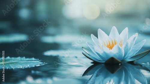 A serene blue lotus flower on a tranquil water surface, close-up shot, Minimalist style photo