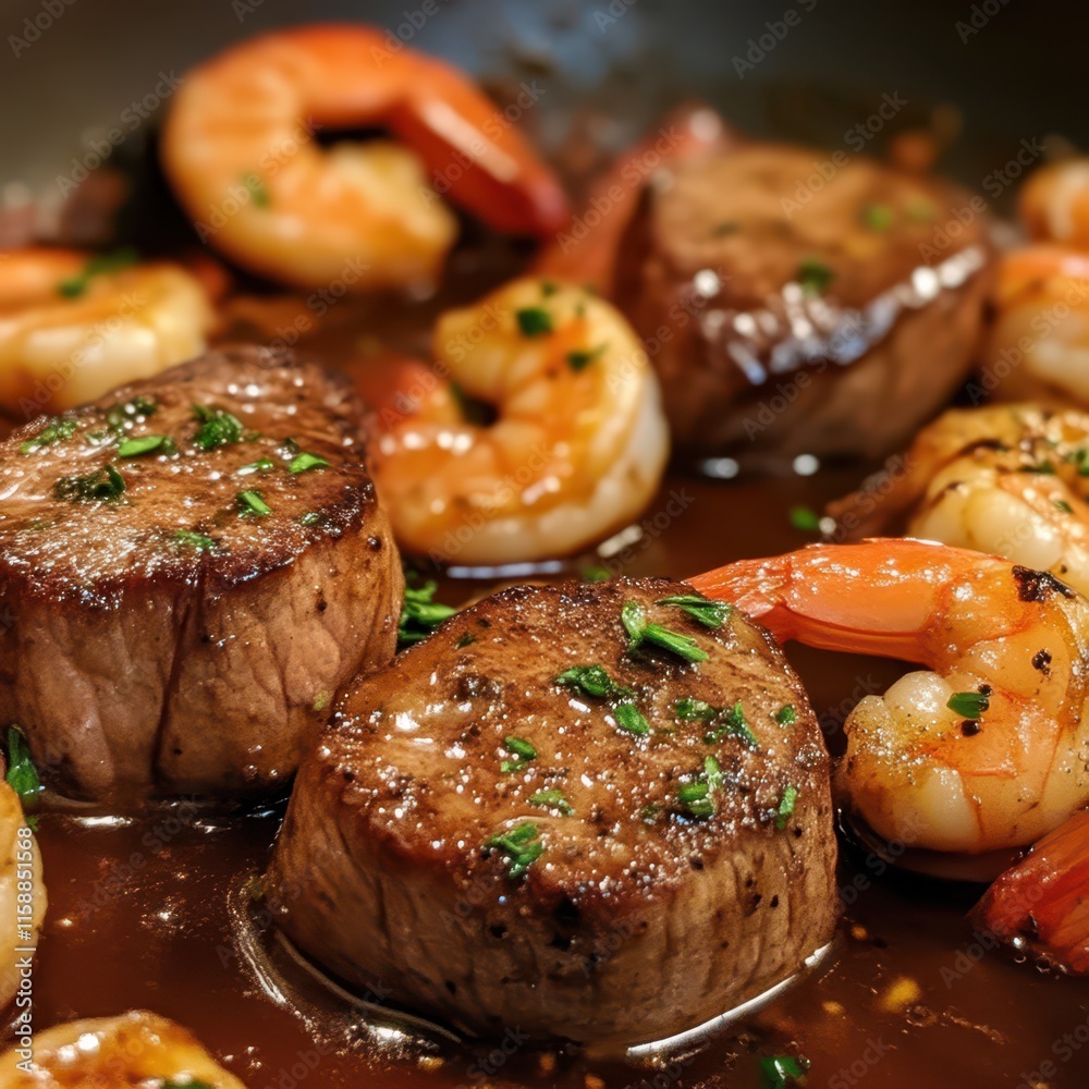 Seared filet mignons and shrimp in a pan, bathed in luxurious brown sauce, highlighting gourmet excellence. Seared filet mignons and shrimp in a pan, bathed in luxurious brown sauce, highlighting gourmet excellence.