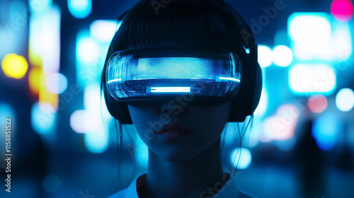 Person with futuristic glasses and computer lights and holograms in the background. photo