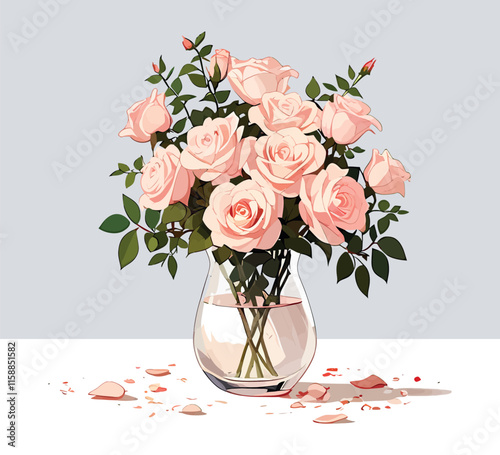 Elegant Rose Flowers with Leaves in a Vase – Vector Illustration.