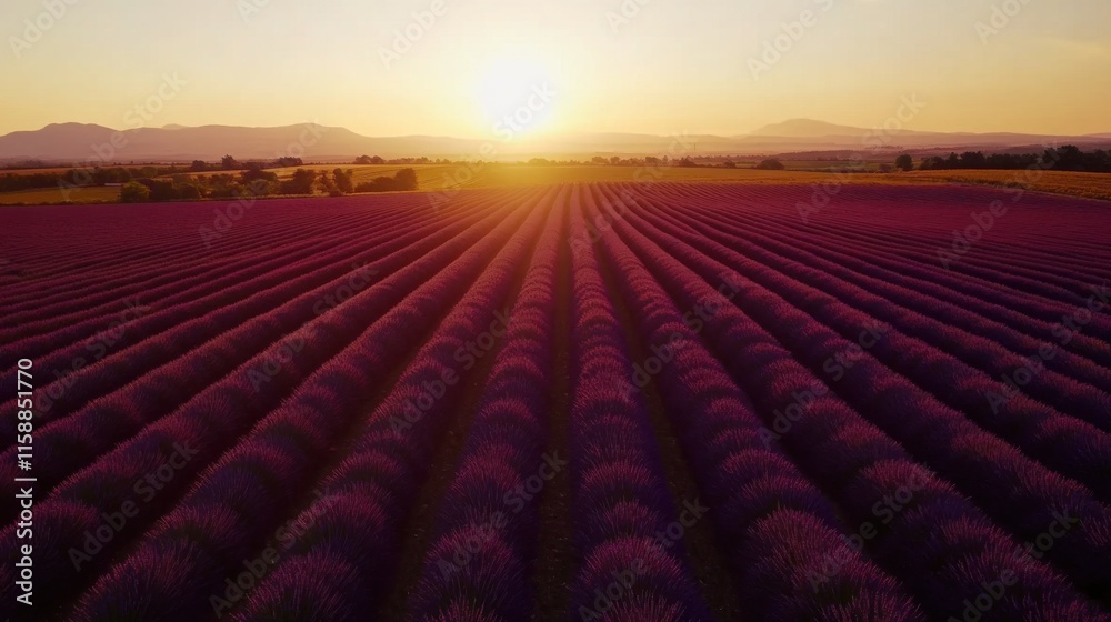 Fototapeta premium A serene composition of purple lavender fields under a golden sunset, aerial shot, Naturalistic style