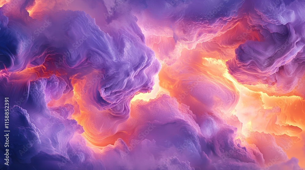 Abstract swirling cloudscape with vibrant purple, orange, and pink hues.