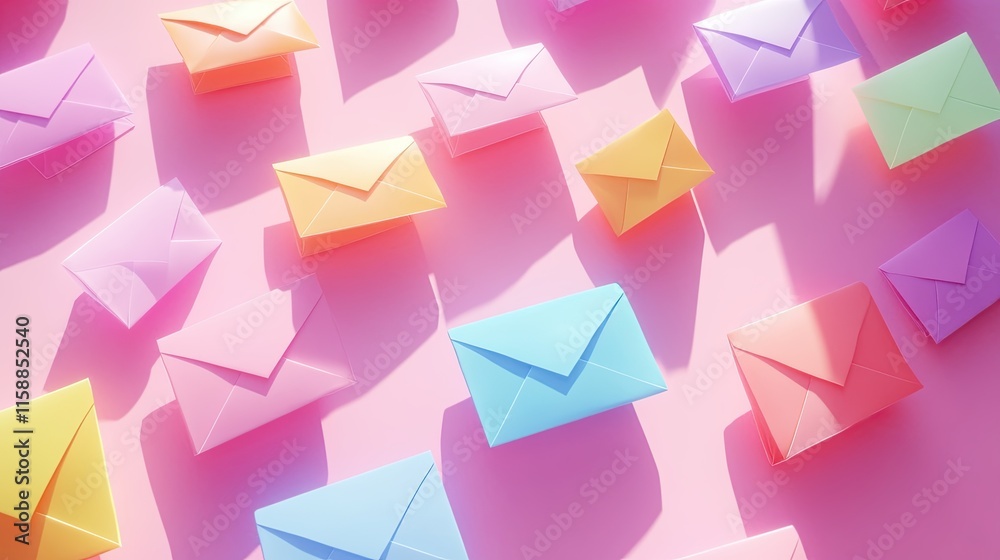 Fototapeta premium Colorful envelopes scattered on a pink surface