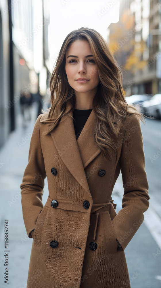 Fototapeta premium A sleek female model wearing a perfectly tailored mocha mousse-colored cashmere coat
