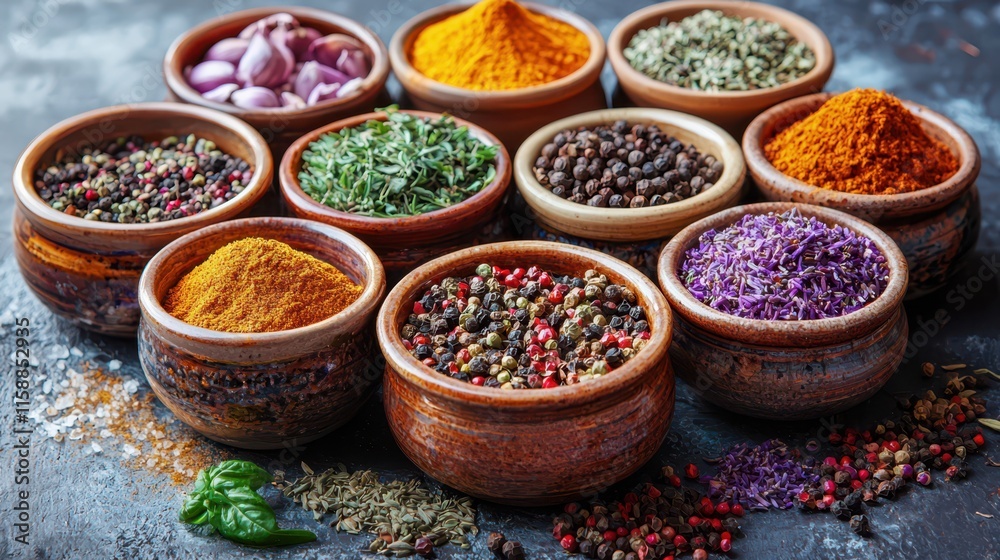 A vibrant collection of aromatic spices and herbs beautifully displayed in handcrafted ceramic bowls. A vibrant collection of aromatic spices and herbs beautifully displayed in handcrafted ceramic bowls.