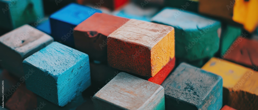 Vibrant arrangement of colorful wooden blocks in a playful display on a surface Vibrant arrangement of colorful wooden blocks in a playful display on a surface