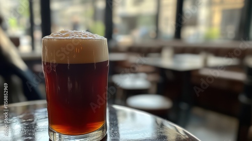 A diagonal shot of a pint of ruby-red ale, focusing on its frothy top and deep caramel tones .