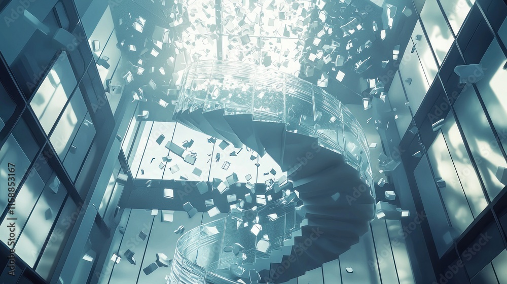 Fototapeta premium Crumbling spiral staircase in modern building interior.