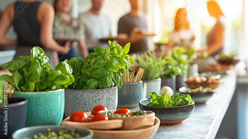 A vibrant kitchen scene featuring fresh herbs and vegetables in bowls, with individuals participating in a healthy cooking class in the background photo