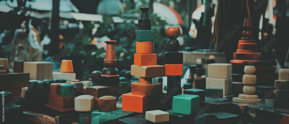 Fototapeta premium Beautifully arranged wooden toys in vibrant colors showcasing creativity and craftsmanship