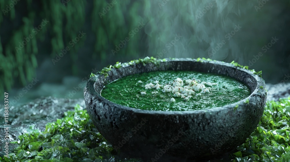 Steaming green soup in stone bowl outdoors. Steaming green soup in stone bowl outdoors.