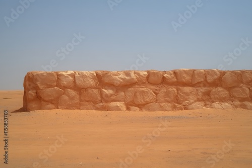 Low stone wall in desert landscape under clear sky. photo