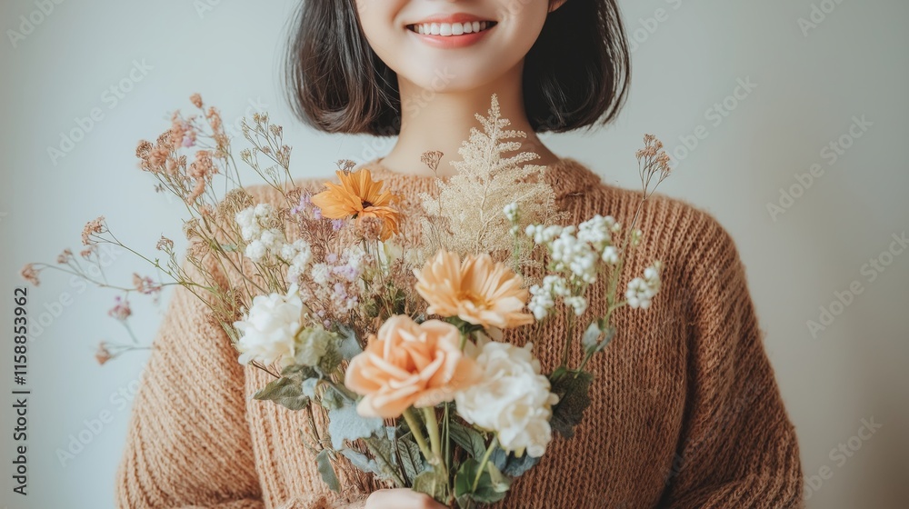 Fototapeta premium Close-up of a woman smiling while holding a bouquet of flowers, featuring soft diffused lighting against a neutral background